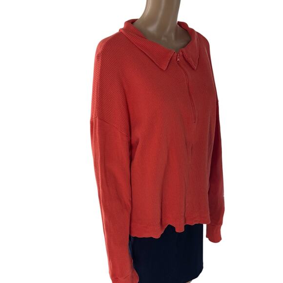 Kule Orange Red Rosewell Waffle Knit Cotton Quarter Zip Pullover - Picture 5 of 11